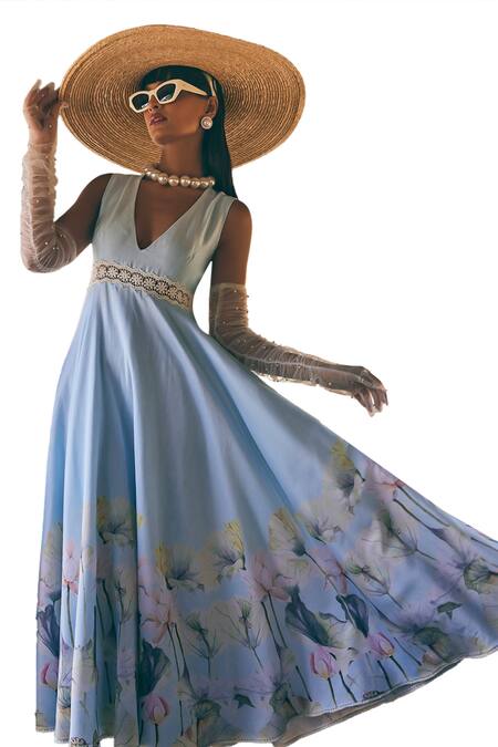 Shop Tabeer India Blue Chanderi, Cotton Lace V-neck Lotus Print Dress Online at Aza Fashions Shop_Tabeer India_Blue Chanderi, Cotton Lace V-neck Lotus Print Dress _Online_at_Aza_Fashions