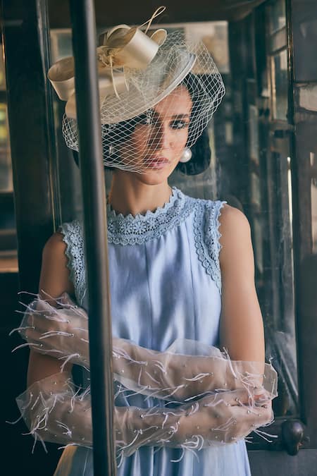 Tabeer India Blue Chanderi, Cotton Embroidery, Lace Bandeau Neck Lotus Print Panelled Dress Online at Aza Fashions Tabeer India_Blue Chanderi, Cotton Embroidery, Lace Bandeau Neck Lotus Print Panelled Dress _Online_at_Aza_Fashions