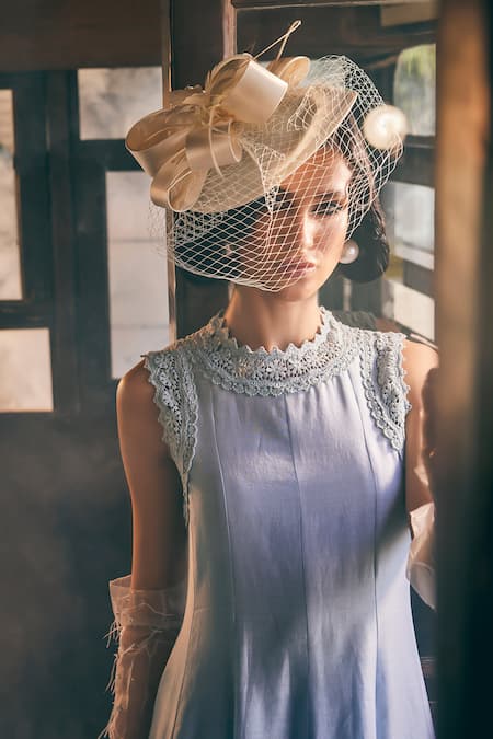 Buy Tabeer India Blue Chanderi, Cotton Embroidery, Lace Bandeau Neck Lotus Print Panelled Dress Online at Aza Fashions Buy_Tabeer India_Blue Chanderi, Cotton Embroidery, Lace Bandeau Neck Lotus Print Panelled Dress _Online_at_Aza_Fashions