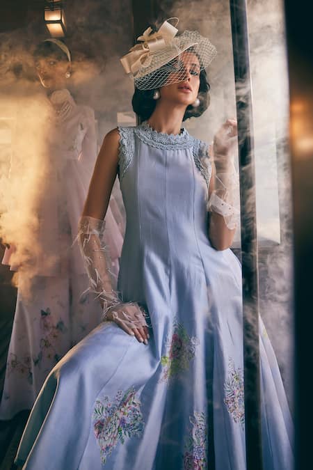 Shop Tabeer India Blue Chanderi, Cotton Embroidery, Lace Bandeau Neck Lotus Print Panelled Dress Online at Aza Fashions Shop_Tabeer India_Blue Chanderi, Cotton Embroidery, Lace Bandeau Neck Lotus Print Panelled Dress _Online_at_Aza_Fashions