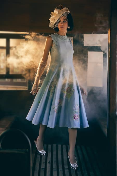 Tabeer India Blue Chanderi, Cotton Embroidery, Lace Bandeau Neck Lotus Print Panelled Dress at Aza Fashions Tabeer India_Blue Chanderi, Cotton Embroidery, Lace Bandeau Neck Lotus Print Panelled Dress _at_Aza_Fashions