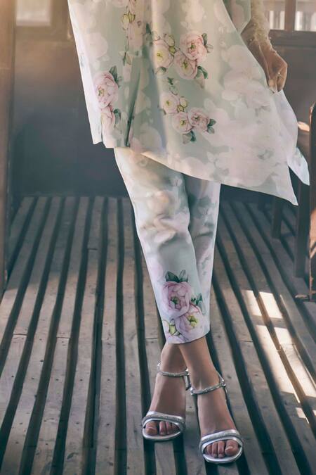 Tabeer India_Green Chanderi, Cotton Mandarin Collar Blossom Print Shirt Kurta With Pant _Online_at_Aza_Fashions