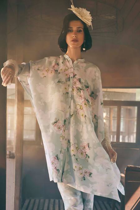 Buy_Tabeer India_Green Chanderi, Cotton Mandarin Collar Blossom Print Shirt Kurta With Pant _Online_at_Aza_Fashions