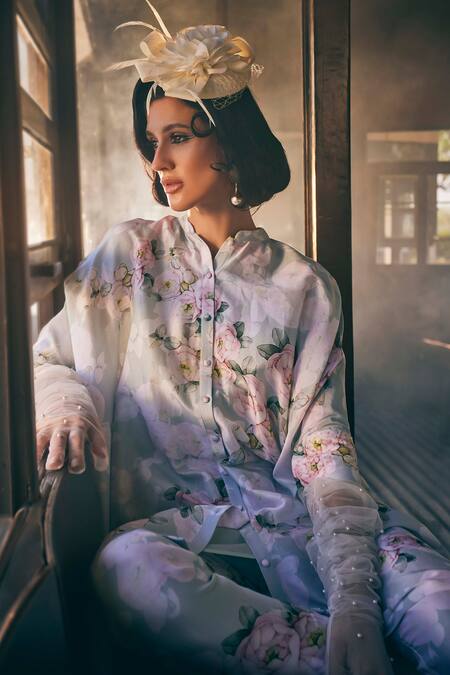 Shop_Tabeer India_Green Chanderi, Cotton Mandarin Collar Blossom Print Shirt Kurta With Pant _Online_at_Aza_Fashions