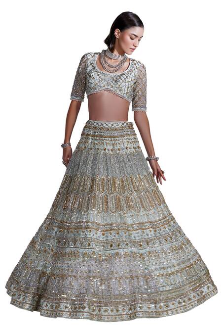 Ruchika Hurria_Blue Silk, Net Sequins, Crystals Round Neck Embroidered Bridal Lehenga Set _Online_at_Aza_Fashions
