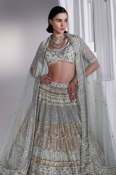 Buy_Ruchika Hurria_Blue Silk, Net Sequins, Crystals Round Neck Embroidered Bridal Lehenga Set _Online_at_Aza_Fashions