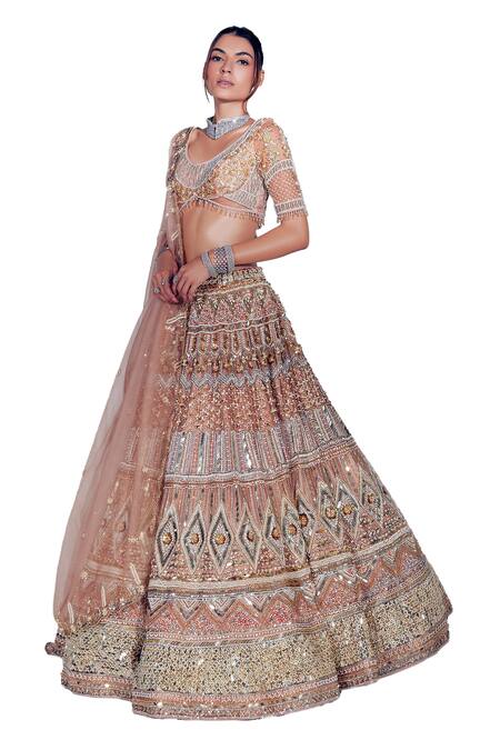 Buy_Ruchika Hurria_Orange Silk, Net Pearls, Crystals, Sequins Embroidered Bridal Lehenga Blouse Set _Online_at_Aza_Fashions
