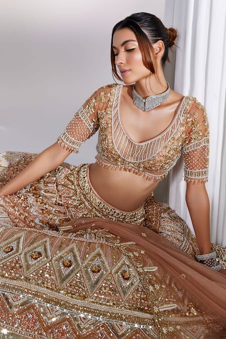 Shop_Ruchika Hurria_Orange Silk, Net Pearls, Crystals, Sequins Embroidered Bridal Lehenga Blouse Set _Online_at_Aza_Fashions