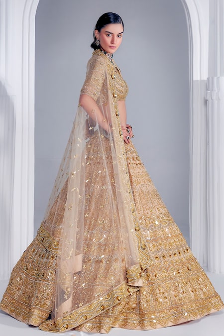 Buy_Ruchika Hurria_Gold Silk, Net Crystals, Sequins Plunge Swarovski Embroidered Bridal Lehenga Set _Online_at_Aza_Fashions