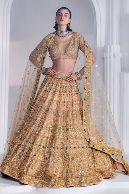 Shop_Ruchika Hurria_Gold Silk, Net Crystals, Sequins Plunge Swarovski Embroidered Bridal Lehenga Set _Online_at_Aza_Fashions