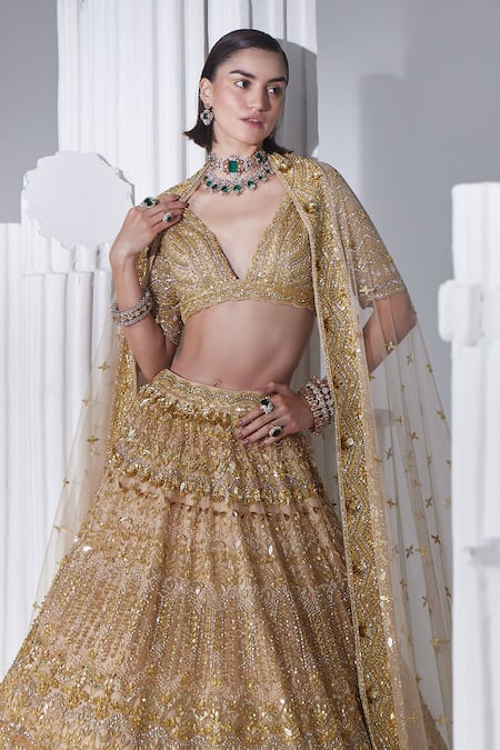 Ruchika Hurria_Gold Silk, Net Crystals, Sequins Plunge Swarovski Embroidered Bridal Lehenga Set _at_Aza_Fashions