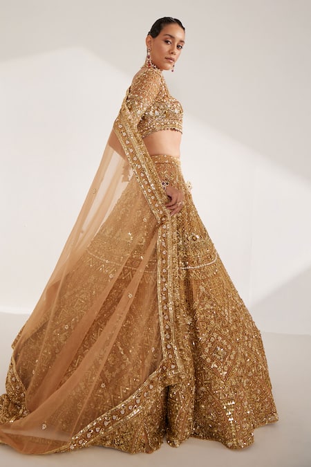 Buy_Ruchika Hurria_Gold Silk, Net Crystals, Pearls, Sequins Embroidered Bridal Lehenga Blouse Set _Online_at_Aza_Fashions