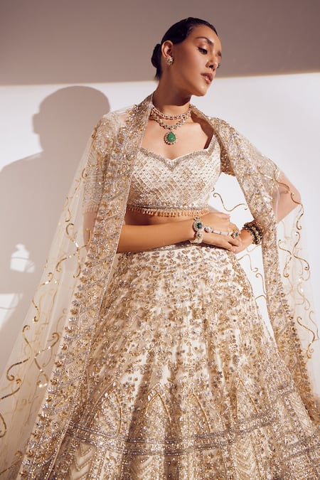 Ruchika Hurria_Ivory Silk, Net Sequins, Embroidery Asymmetric 3d Bridal Lehenga Set _Online_at_Aza_Fashions