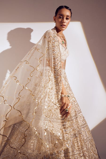 Buy_Ruchika Hurria_Ivory Silk, Net Sequins, Embroidery Asymmetric 3d Bridal Lehenga Set _Online_at_Aza_Fashions