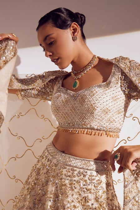 Shop_Ruchika Hurria_Ivory Silk, Net Sequins, Embroidery Asymmetric 3d Bridal Lehenga Set _Online_at_Aza_Fashions
