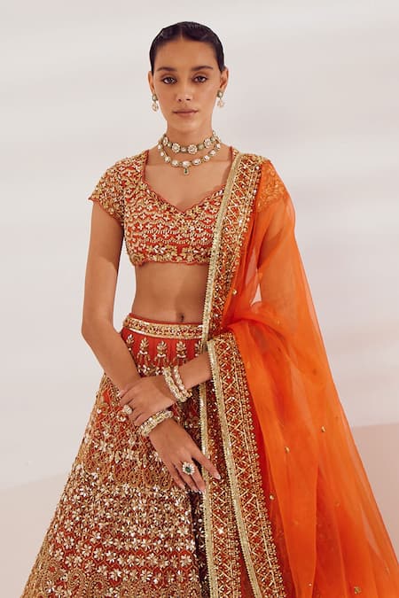 Ruchika Hurria_Orange Silk, Net Pearls, Sequins, Zari Asymmetric Embroidered Bridal Lehenga Set _Online_at_Aza_Fashions