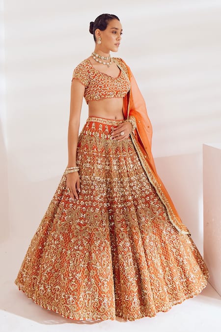 Buy_Ruchika Hurria_Orange Silk, Net Pearls, Sequins, Zari Asymmetric Embroidered Bridal Lehenga Set _Online_at_Aza_Fashions