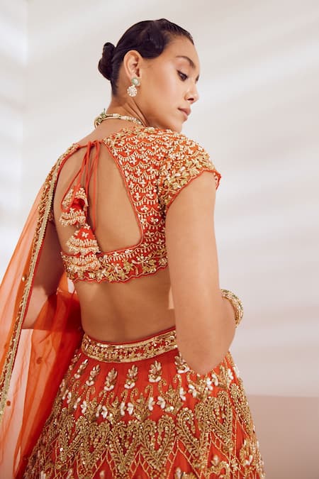 Shop_Ruchika Hurria_Orange Silk, Net Pearls, Sequins, Zari Asymmetric Embroidered Bridal Lehenga Set _Online_at_Aza_Fashions
