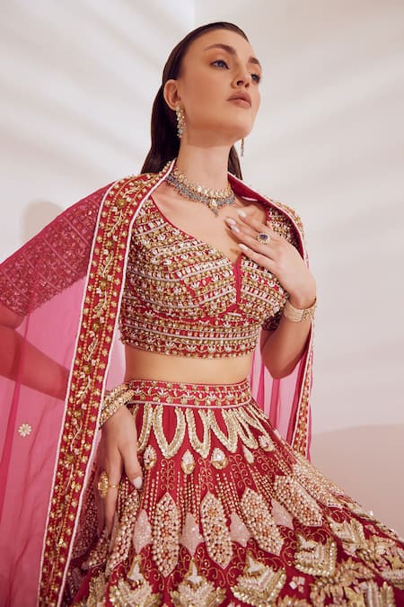 Ruchika Hurria_Pink Silk, Net Pearls, Sequins Asymmetric Embroidered Bridal Lehenga Set _Online_at_Aza_Fashions
