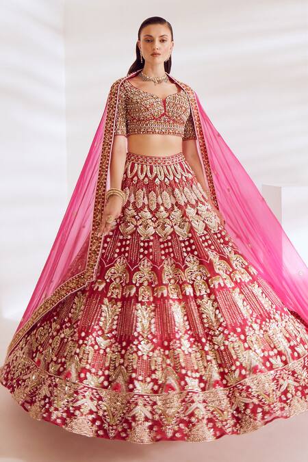 Buy_Ruchika Hurria_Pink Silk, Net Pearls, Sequins Asymmetric Embroidered Bridal Lehenga Set _Online_at_Aza_Fashions