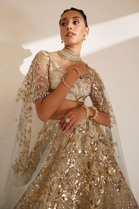 Ruchika Hurria Blue Silk, Net Sequins, Embroidery V-neck 3d Bridal Lehenga Blouse Set Online at Aza Fashions Ruchika Hurria_Blue Silk, Net Sequins, Embroidery V-neck 3d Bridal Lehenga Blouse Set _Online_at_Aza_Fashions