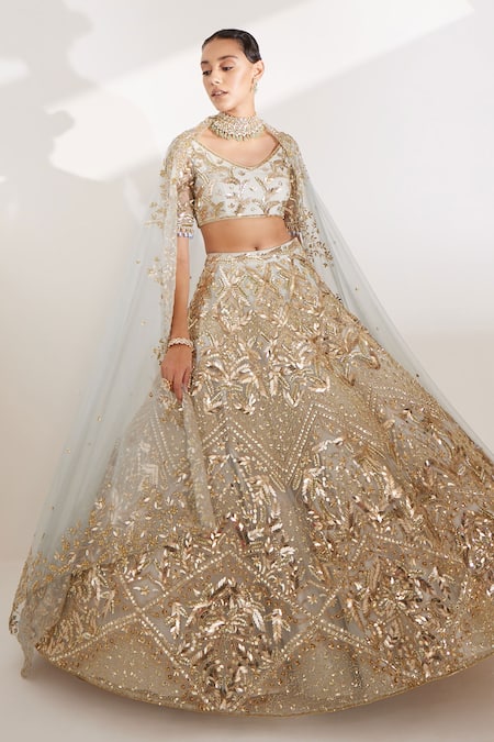 Buy Ruchika Hurria Blue Silk, Net Sequins, Embroidery V-neck 3d Bridal Lehenga Blouse Set Online at Aza Fashions Buy_Ruchika Hurria_Blue Silk, Net Sequins, Embroidery V-neck 3d Bridal Lehenga Blouse Set _Online_at_Aza_Fashions