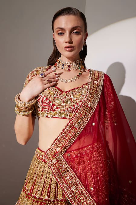 Ruchika Hurria_Red Silk, Net Pearls, Sequins Asymmetric Embroidered Bridal Lehenga Blouse Set _Online_at_Aza_Fashions