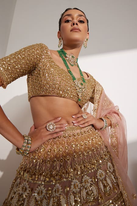 Ruchika Hurria Pink Silk, Net Pearls, Sequins Plunge Neck Nakshi Embroidered Bridal Lehenga Set Online at Aza Fashions Ruchika Hurria_Pink Silk, Net Pearls, Sequins Plunge Neck Nakshi Embroidered Bridal Lehenga Set _Online_at_Aza_Fashions