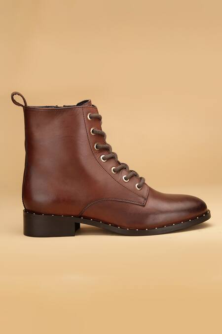 Dang Shoes_Brown Metallic Stud Embellished Boots _Online_at_Aza_Fashions