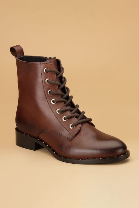 Shop_Dang Shoes_Brown Metallic Stud Embellished Boots _at_Aza_Fashions