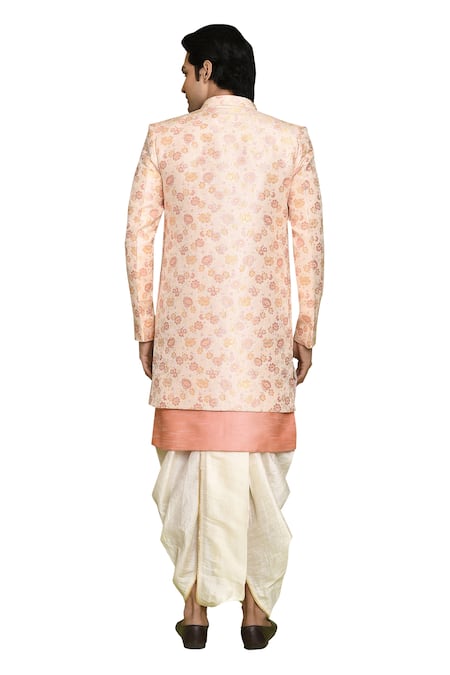 Arihant Rai Sinha_Pink Brocade, Silk Embroidery Flower Pattern Sherwani Dhoti Set _Online_at_Aza_Fashions