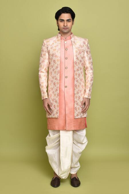 Buy_Arihant Rai Sinha_Pink Brocade, Silk Embroidery Flower Pattern Sherwani Dhoti Set _Online_at_Aza_Fashions