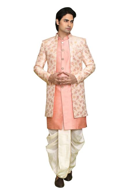 Shop_Arihant Rai Sinha_Pink Brocade, Silk Embroidery Flower Pattern Sherwani Dhoti Set _Online_at_Aza_Fashions