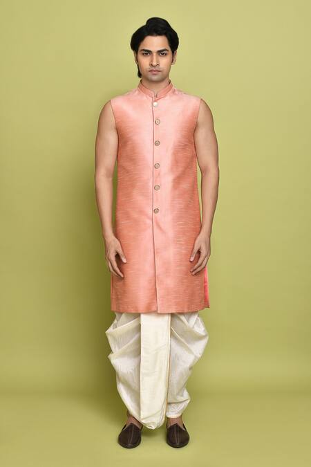 Arihant Rai Sinha_Pink Brocade, Silk Embroidery Flower Pattern Sherwani Dhoti Set _at_Aza_Fashions