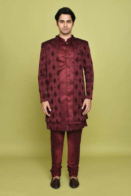 Buy_Arihant Rai Sinha_Maroon Silk Feathers Pattern Sherwani Set _Online_at_Aza_Fashions