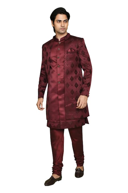 Shop_Arihant Rai Sinha_Maroon Silk Feathers Pattern Sherwani Set _Online_at_Aza_Fashions