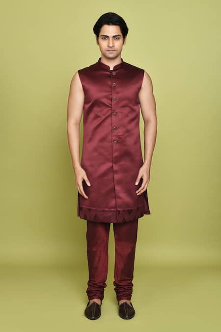 Buy_Arihant Rai Sinha_Maroon Silk Feathers Pattern Sherwani Set 