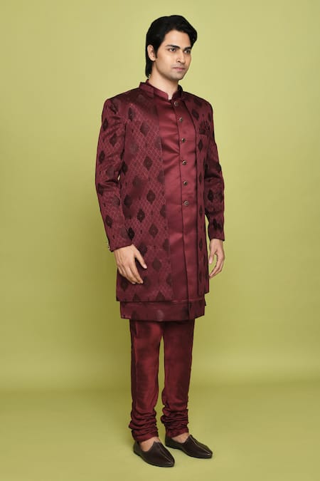 Buy_Arihant Rai Sinha_Maroon Georgette Feathers Pattern Sherwani With Kurta _Online_at_Aza_Fashions