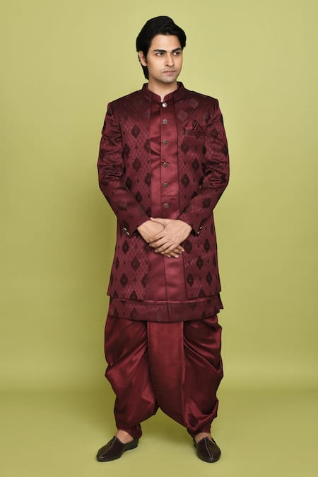 Aryavir Malhotra Feather Pattern Sherwani Dhoti Set 