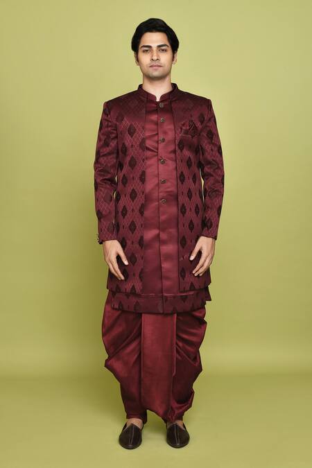 Buy_Arihant Rai Sinha_Maroon Georgette, Silk Feathers Pattern Sherwani Dhoti Set _Online_at_Aza_Fashions