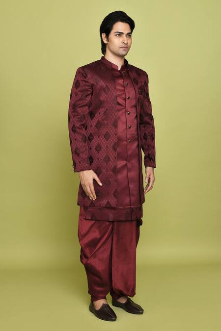 Shop_Arihant Rai Sinha_Maroon Georgette, Silk Feathers Pattern Sherwani Dhoti Set _Online_at_Aza_Fashions
