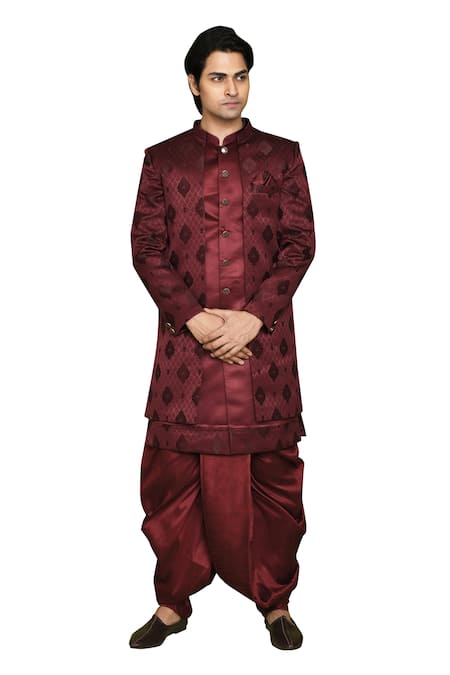 Arihant Rai Sinha_Maroon Georgette, Silk Feathers Pattern Sherwani Dhoti Set _at_Aza_Fashions