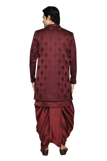 Buy_Arihant Rai Sinha_Maroon Georgette, Silk Feathers Pattern Sherwani Dhoti Set 