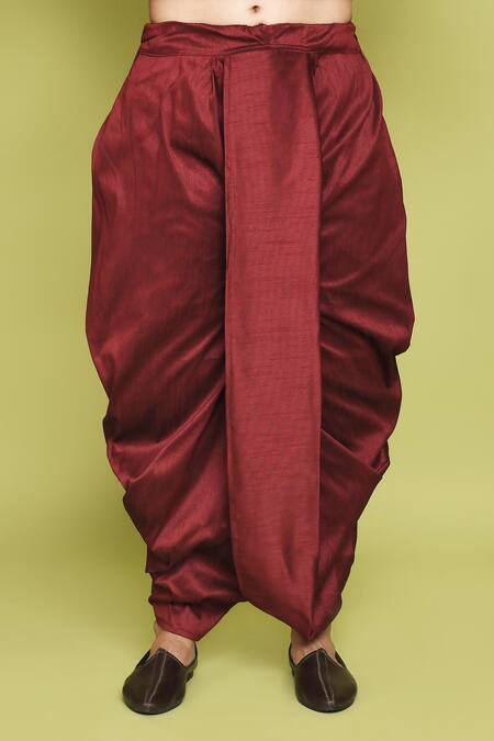 Shop_Arihant Rai Sinha_Maroon Georgette, Silk Feathers Pattern Sherwani Dhoti Set 