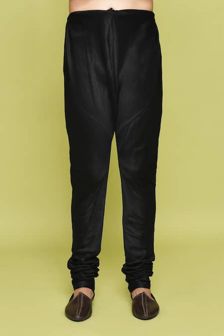 Arihant Rai Sinha_Black Silk, Denim Embroidery Leaf Pattern Sherwani Set _Online_at_Aza_Fashions