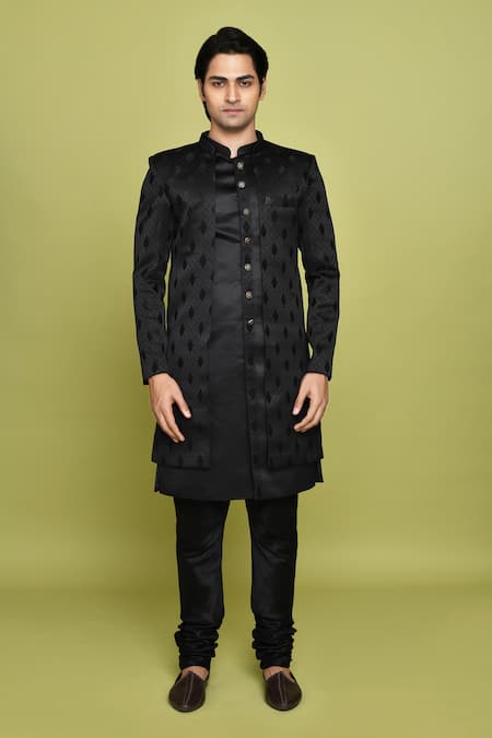 Buy_Arihant Rai Sinha_Black Silk, Denim Embroidery Leaf Pattern Sherwani Set _Online_at_Aza_Fashions
