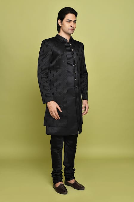 Shop_Arihant Rai Sinha_Black Silk, Denim Embroidery Leaf Pattern Sherwani Set _Online_at_Aza_Fashions