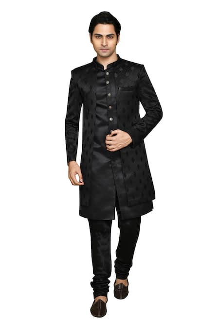 Arihant Rai Sinha_Black Silk, Denim Embroidery Leaf Pattern Sherwani Set _at_Aza_Fashions