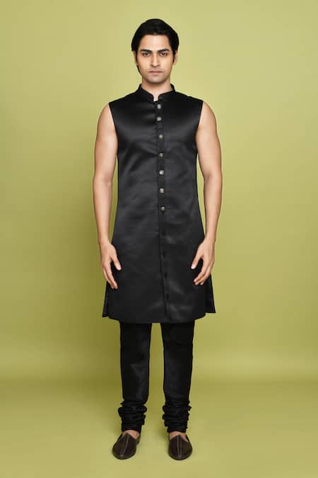Buy_Arihant Rai Sinha_Black Silk, Denim Embroidery Leaf Pattern Sherwani Set 