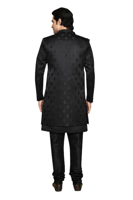 Shop_Arihant Rai Sinha_Black Silk, Denim Embroidery Leaf Pattern Sherwani Set 